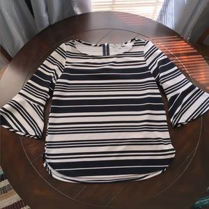 Green Envelope - Deep Navy and White Striped Flounce Sleeve Top